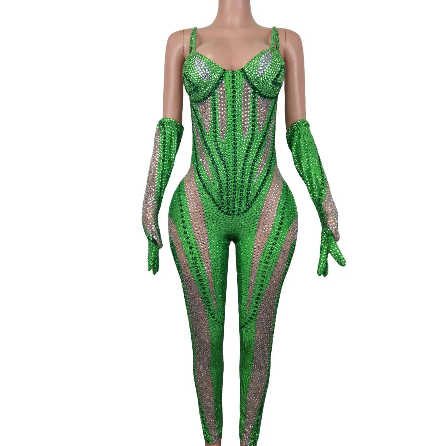 

Sexy Green Rhinestone Jumpsuit Women Gloves Nigntclub Dance Outfit Costume Performance Clothes Celebrate Party Wear Baijialv