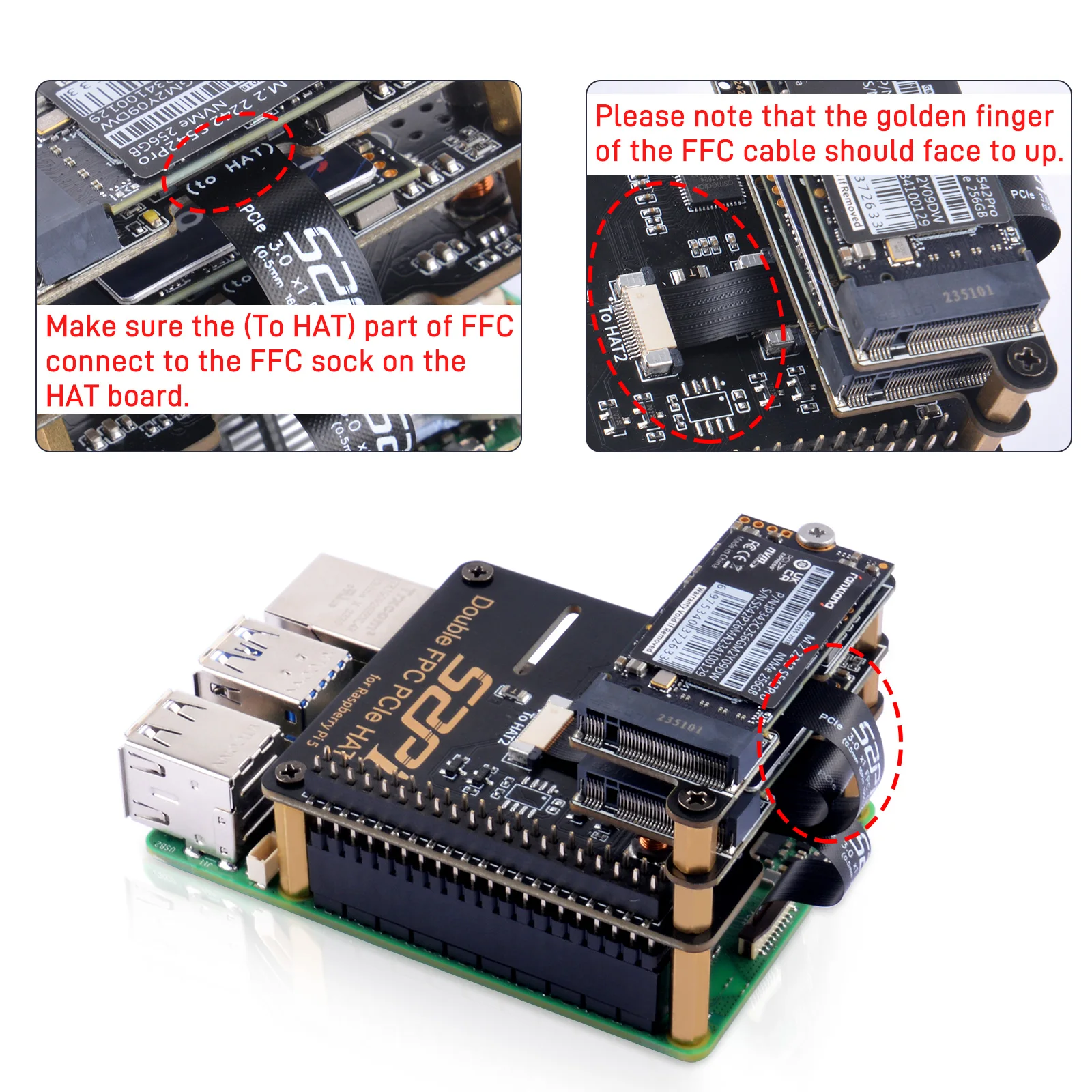 52Pi Raspberry Pi 5 B12 Double FPC PCIe HAT for Raspberry Pi 5