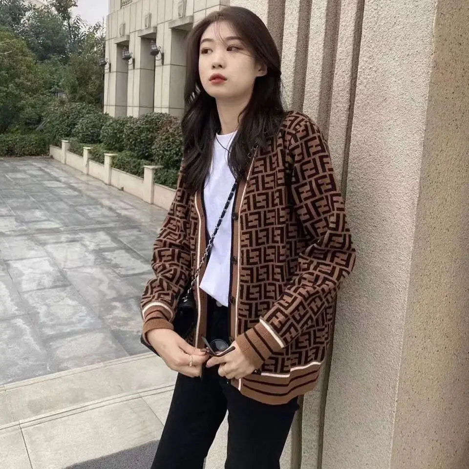 여성용 니트 캐주얼 스웨터, 자카드 레터 니트 카디건, 단추 V넥 상의, 가을 패션, 2024 신상