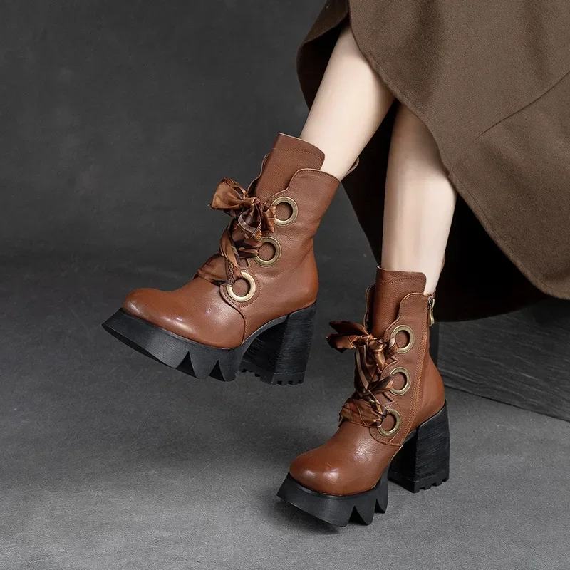 

Krasovki 10cm Genuine Leather Knee High Boot High Top Wedge Ankle Booties Big Toe Thick Soled Women Motorcycle PUNK Autumn Shoes