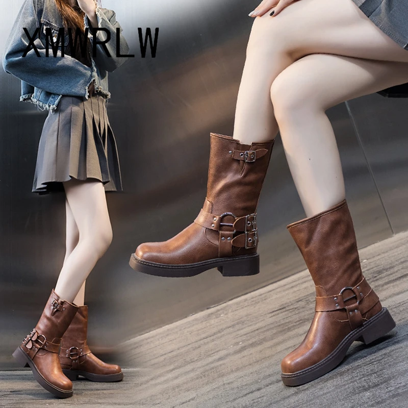 

XMWRLW Women's Leather Boots 2023 Autumn Slip on Mid-Calf Boots For Women Autumn Shoes Rubber Sole Ladies Square Heel Shoes Boot