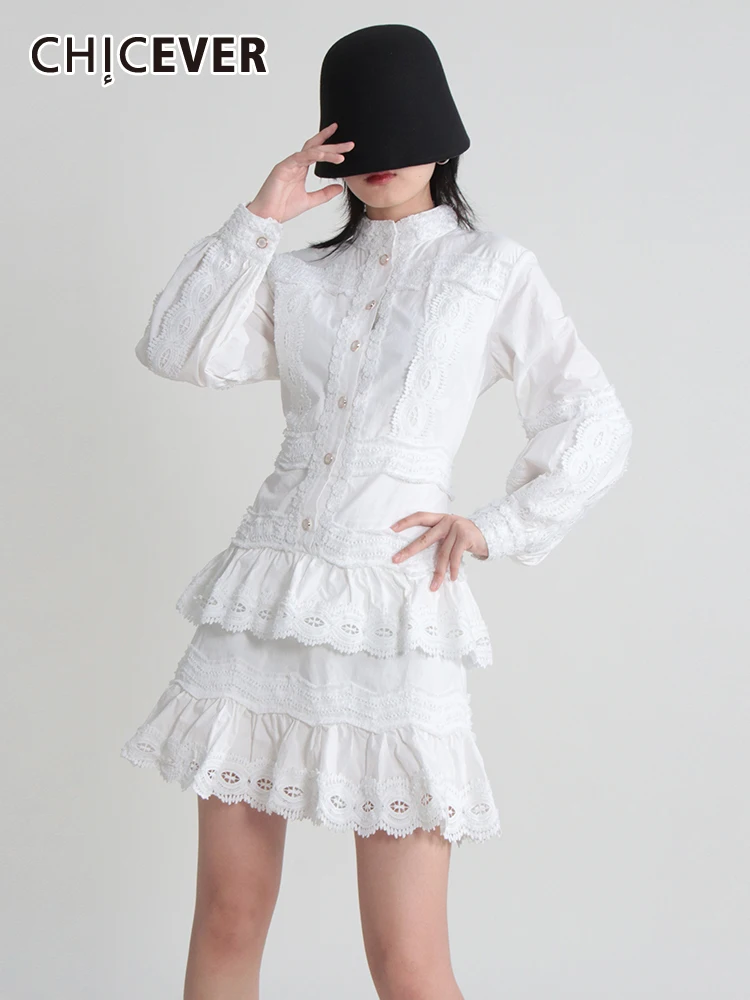 

CHICEVER Lace Embroidery Mini Dresses For Women Stand Collar Long Sleeve High Waist Spliced Single Breasted Solid Dress Female