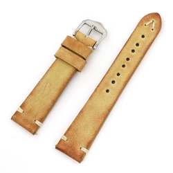 Elegant Vintage Genuine Leather Watch Strap - Handmade with Intricate Stitching in Brown, Coffee, Black, Gray, and Blue - 22mm (Yellow)