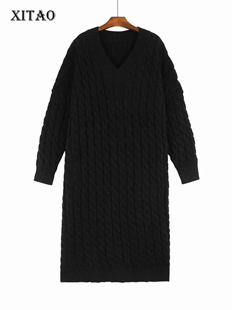 

XITAO Loose V-neck Female Knitting Dress Casual Vintage Pullover Women 2023 Winter New Simplicity Street Wind Dress HQQ2015