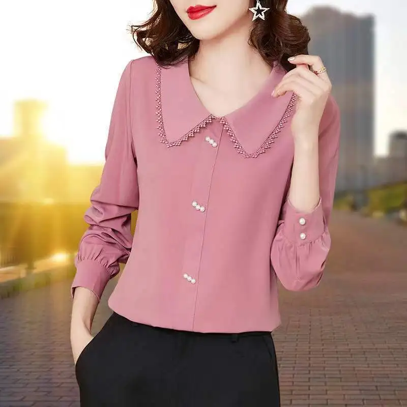 Spring Autumn New Chiffon Solid All-match Blouse Long Sleeve White Plus Size Elegant Shirt Tops Fashion Vintage Women Clothing