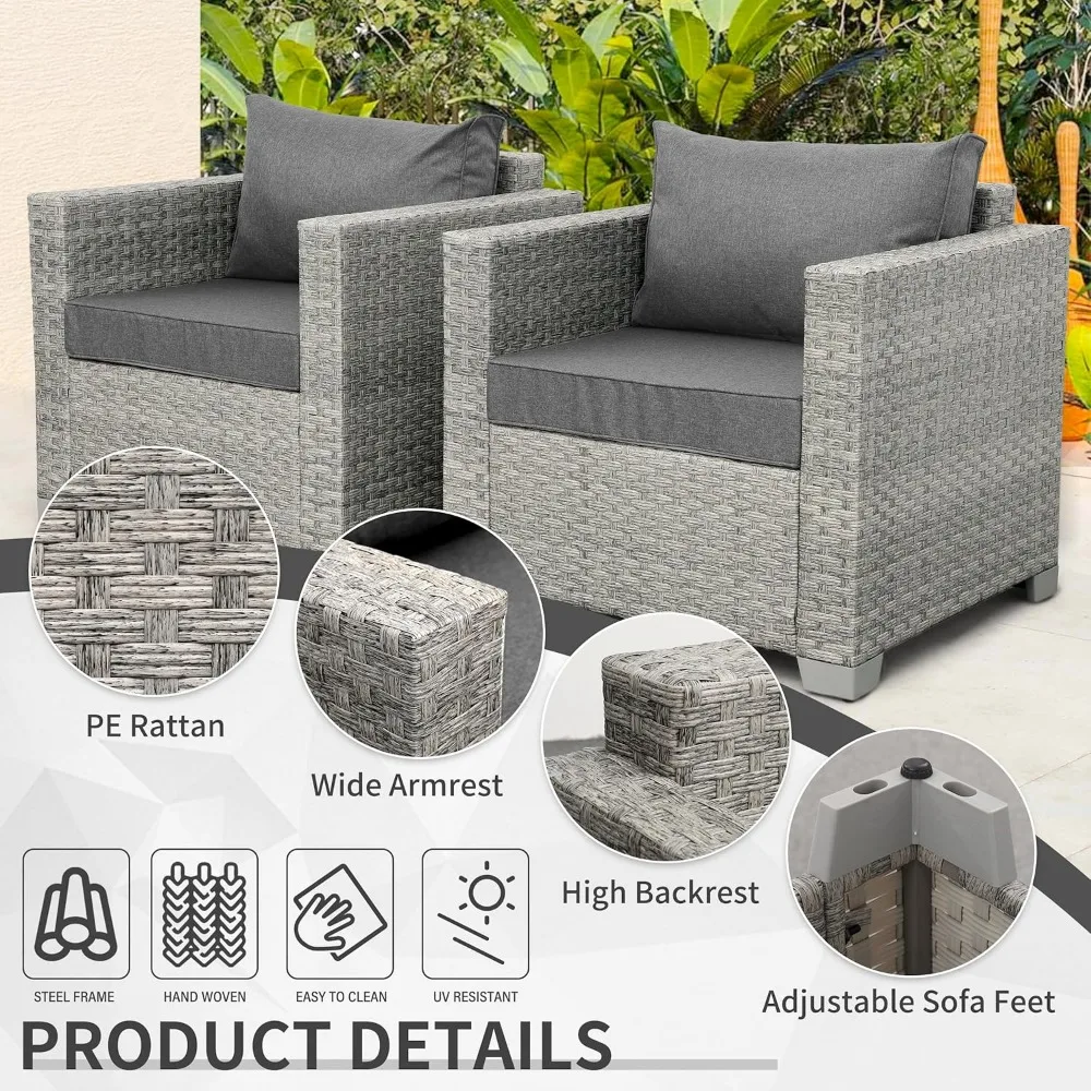 Outdoor Sofa Wicker Patio Chairs Set of 2, Porch Single Chair Grey Rattan Deep Seating Armchair Balcony Furniture with Gr 4