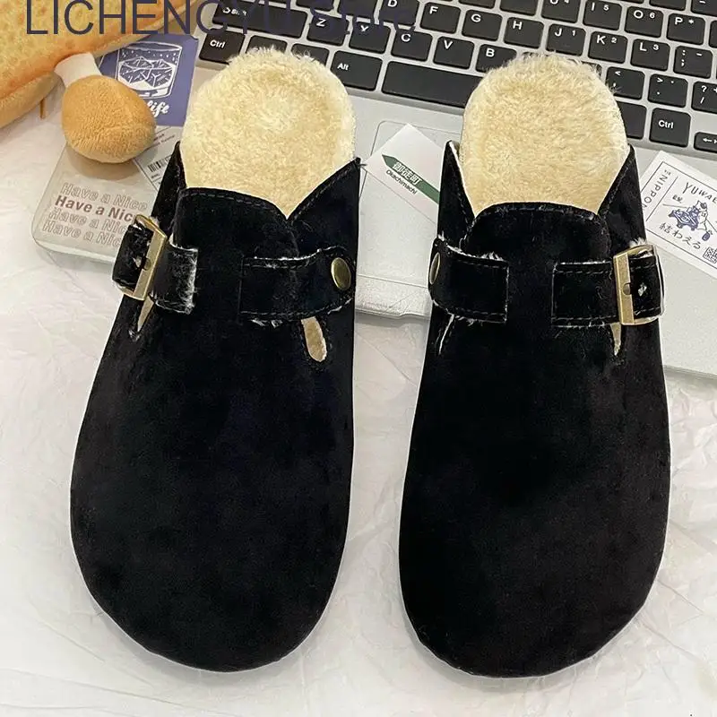 Fashion Women Winter Cork Slippers Closed Toe Artificial Fur Inside Low Heel Casual Soft Warm Fluffy Slide Shoe