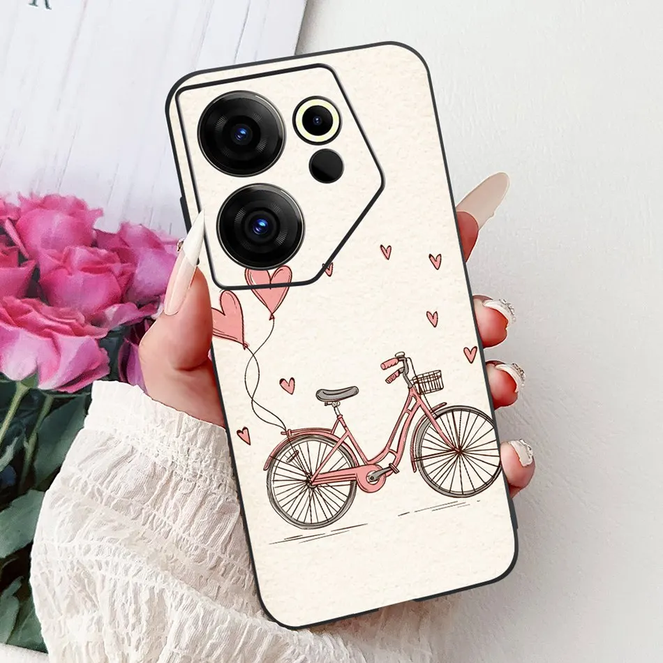 Tecno Camon 20 Premier Elegant Floral Cat Design Black Silicone Phone Case