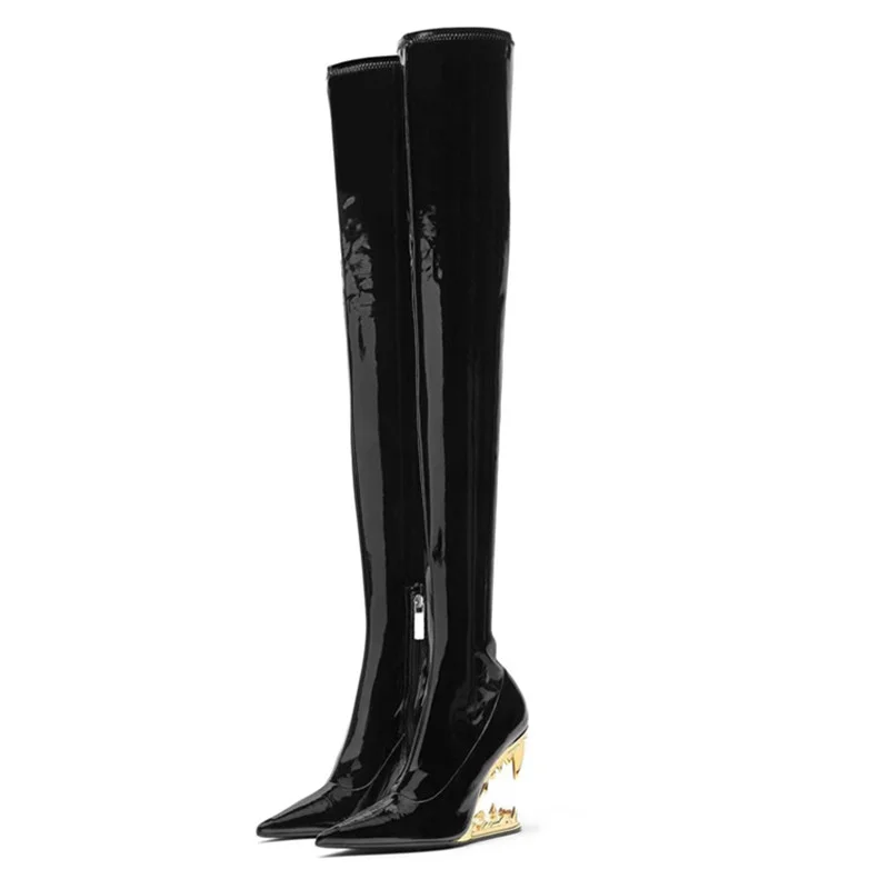 

New Fashion Gold-plated Heel Wedge Boots Elastic Shoes Pointed Toe Full Elastic Knee-length Women's Boots Large Size 34-43