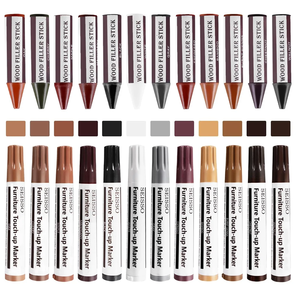 SEISSO 12-Color Furniture Repair Kit Touch-Up Markers & Wood Fillers Sticks for Stains Scratches Upgraded Restore Wooden Table