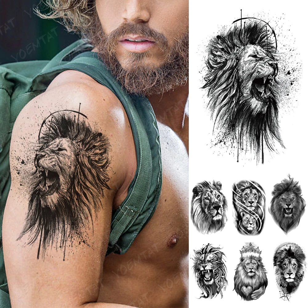 

Animal Waterproof Temporary Tattoo Sticker Sketch Pattern Realistic Black Lion Body Art Men Women Tattoos Arm Sexy Fake Tatoo