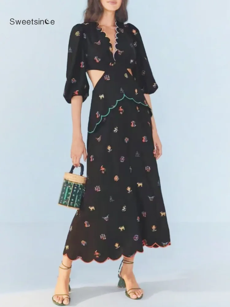 

Sweetsince 2023 New High-end Party Banquet Dress Women Spring Summer Chic V-Neck Short Sleeve Sexy Waist French Fashion Designer