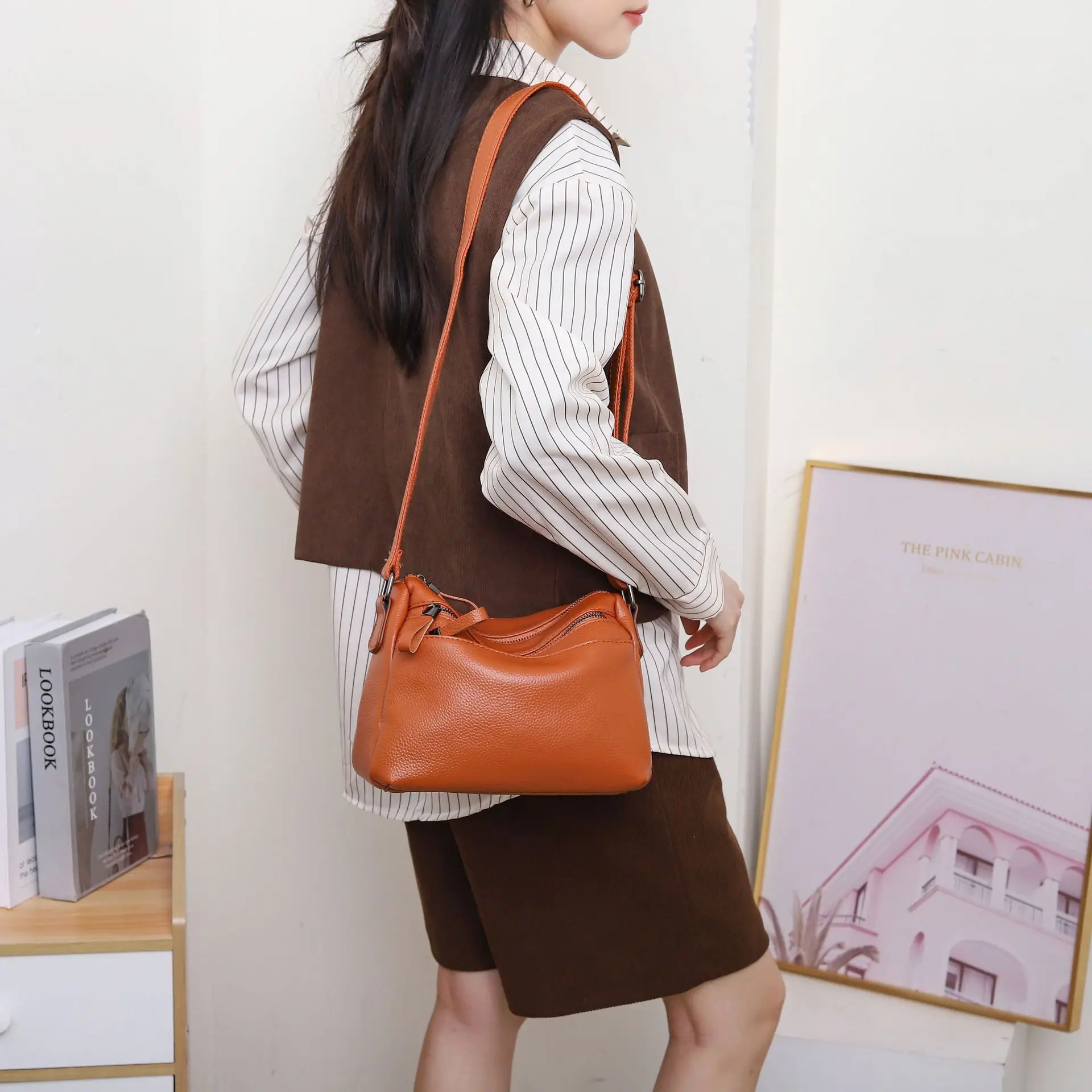 Women's Genuine Leather Crossbody Bag, Multi-Pocket Organizer Tote, Diaper Bag for Moms, Full-Grain Leather Handmade Purse 6