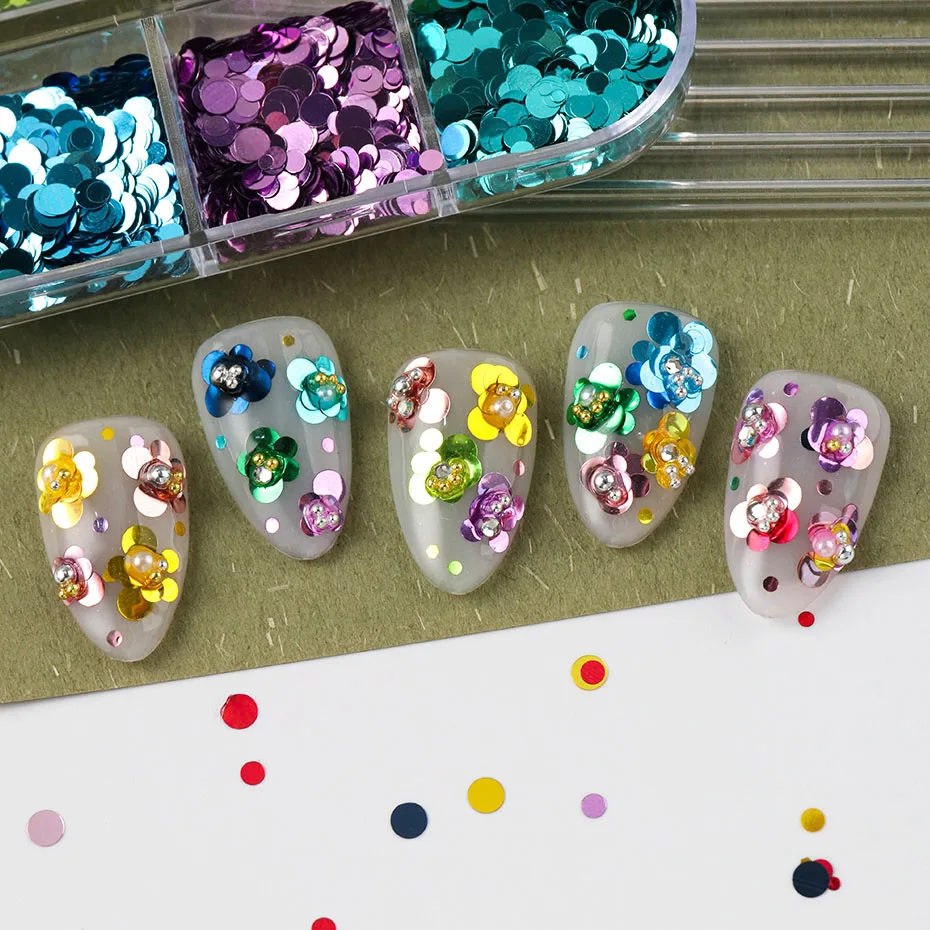 Colorful Polka Dots Nail Glitter Flakes - Shiny Metallic Circle Nail Sequins 12 Grids Set