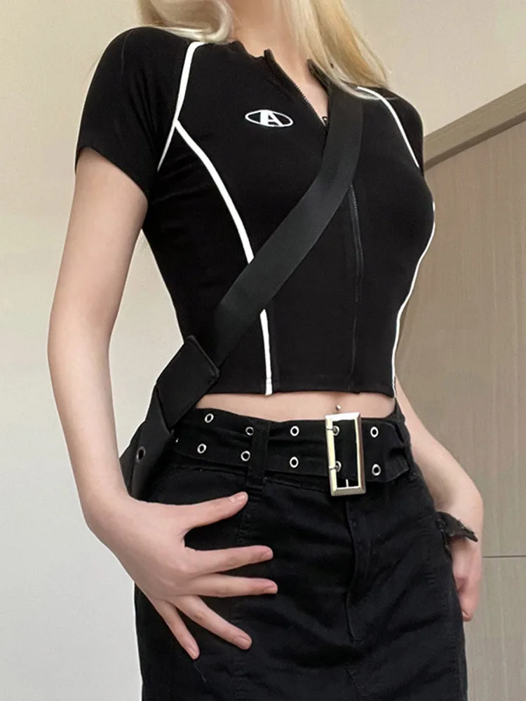 스티치 집업 크롭탑, 스키니 반팔 가디건 티셔츠, 하라주쿠 캐주얼 여성 스트리트웨어, 고스 y2k 티, 펑크 스타일