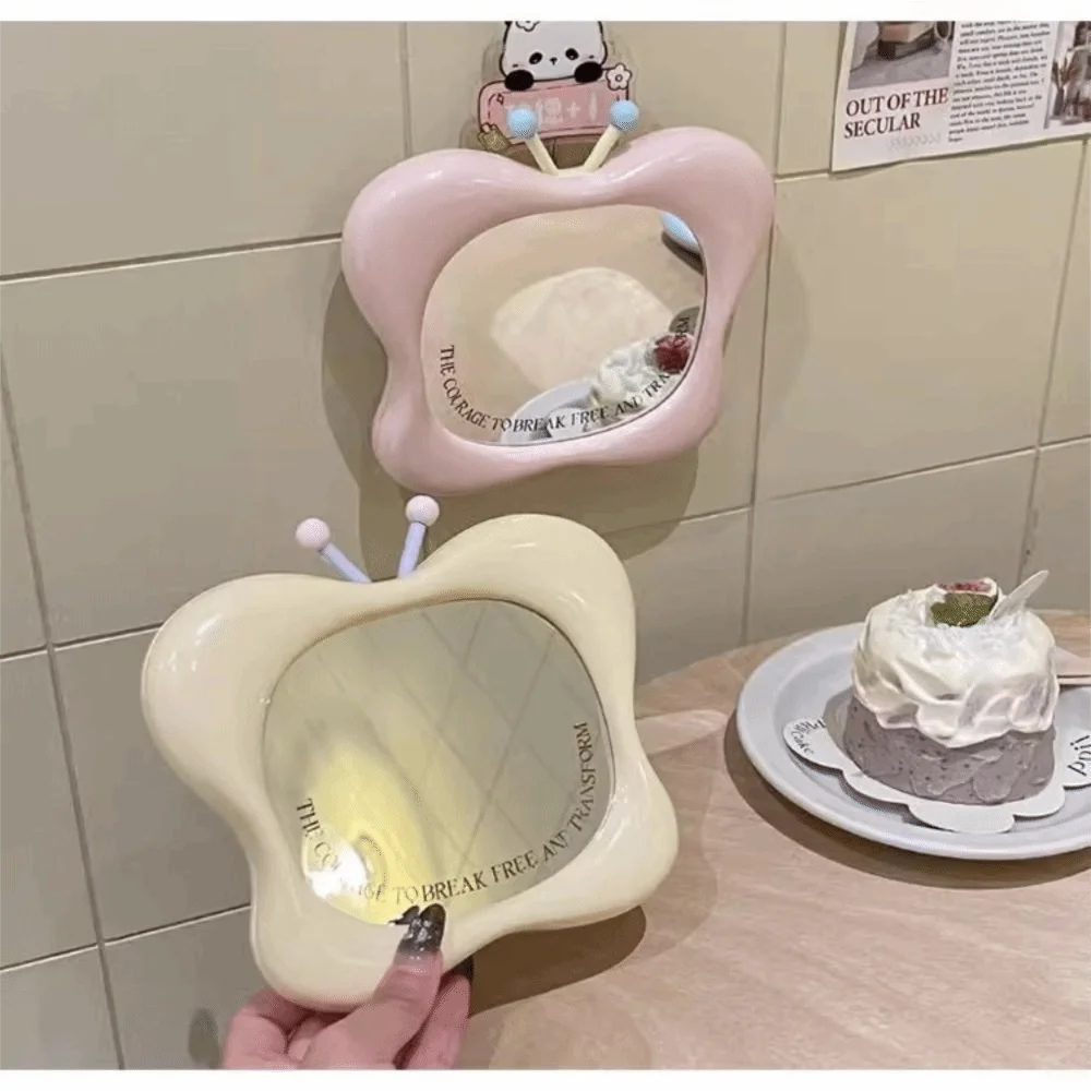 귀여운 나비 모양 화장 거울 벽걸이 탁상용 화장 거울 스탠드 포함 휴대용 미용 거울