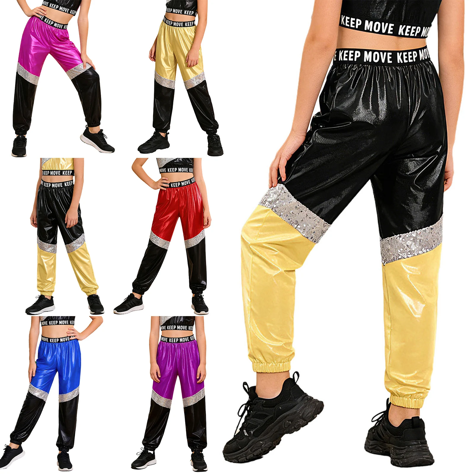 Kinder Mädchen Disco Hip Hop Jazz Tanzkostüm Hose Buchstabendruck Elastischer Bund Funkelnde Pailletten Farbblock Metallic-Hose – Detail 2