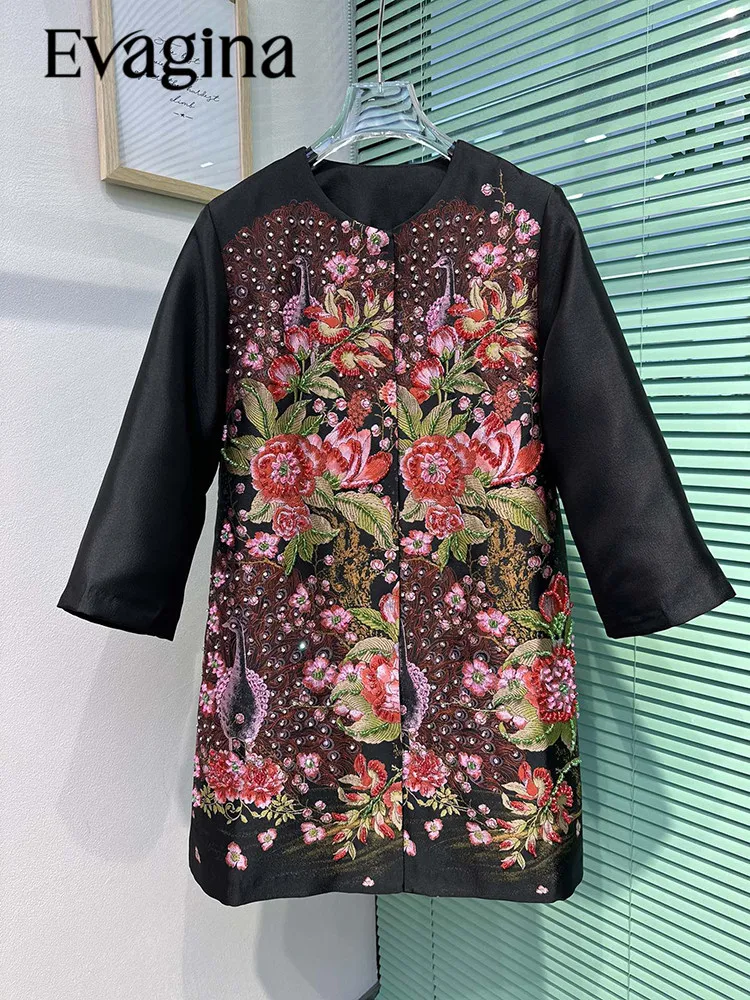 

Винтажное высококачественное женское демисезонное пальто Evagina с цветочной вышивкой и бусинами, с рукавом 3/4 и закрытыми пуговицами, повседневное праздничное пальто