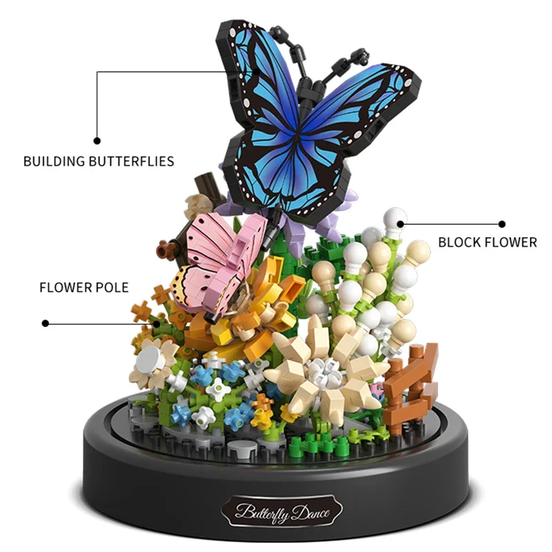 Bee Butterfly Flower Building Blocks Insect Plant Potted Model Bricks With Dust Cover Assembling Educational Learning Gifts Kids