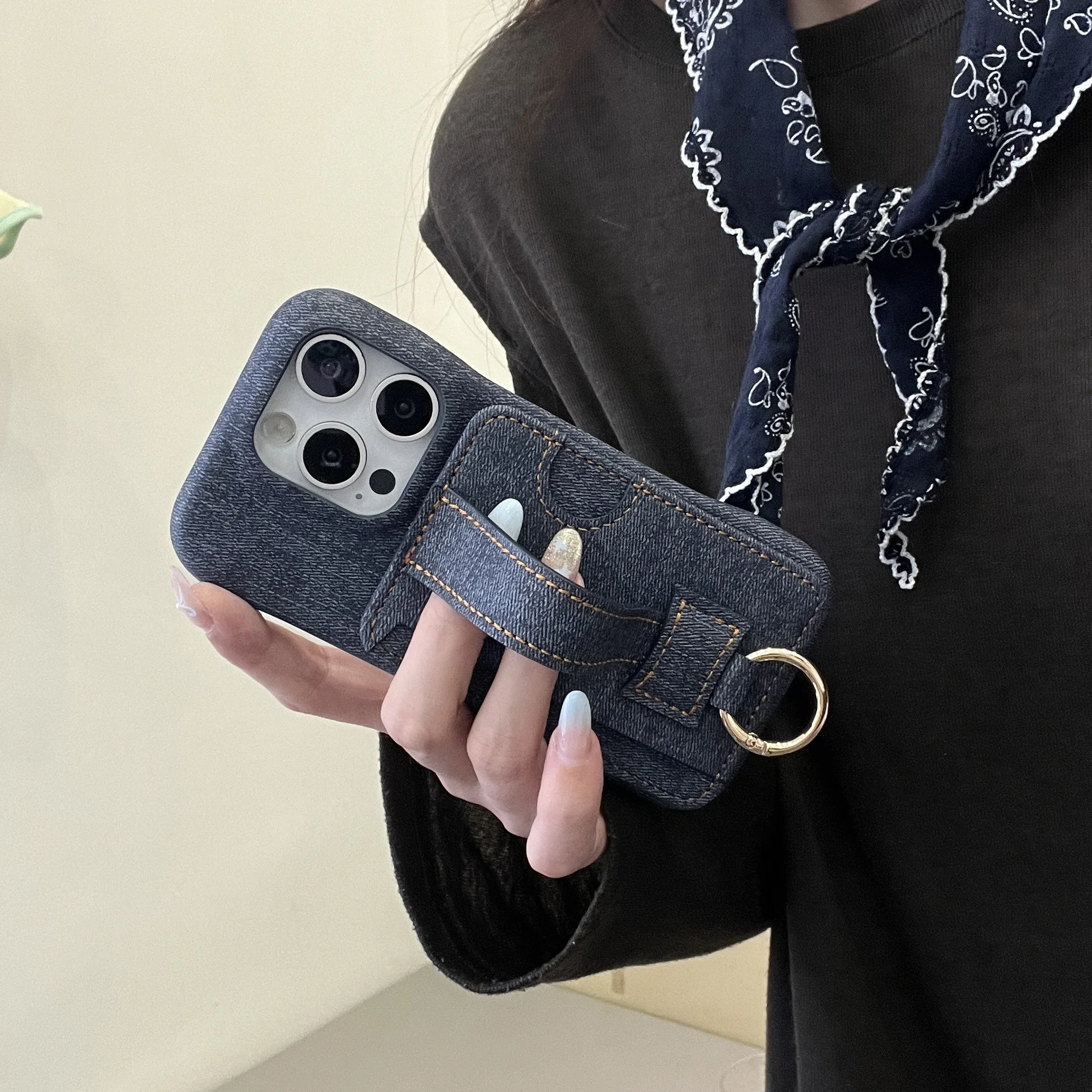 Luxury Denim Leather Wrist Strap Wallet with Card Holder and Shockproof Back Cover