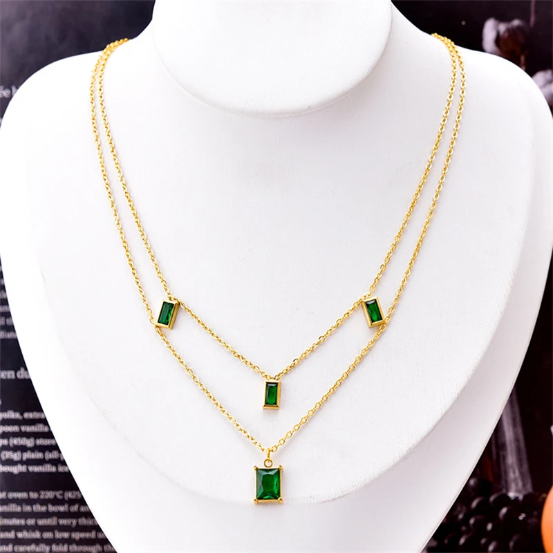 316L Stainless Steel New Fashion Fine Jewelry Elegant 2-layer Embed Green Zircon Charms Chain Choker Necklaces Pendant For Women