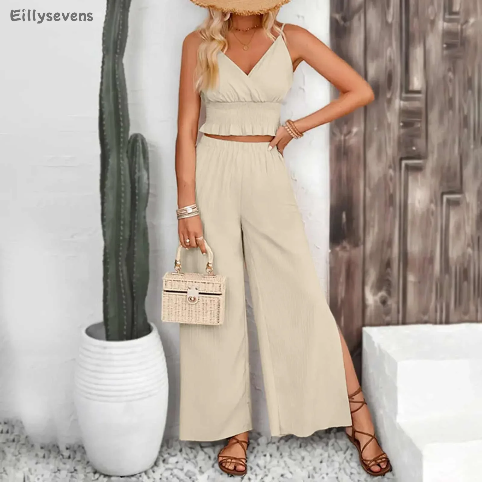 

Костюм женский летний из топа и брюк с V-образным вырезом, повседневные брюки с широкими штанинами в полоску, с разрезом, Модный комплект из двух предметов в стиле ретро