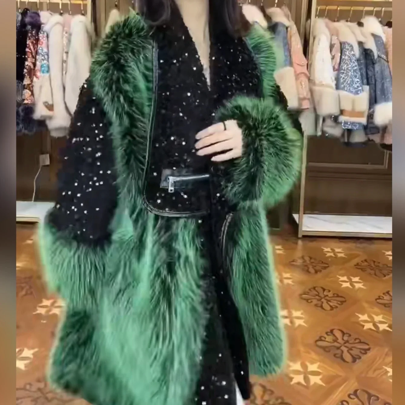 European 2023 Winter New Ladies Fashion High Street Long Sleeve Fur Coat Women Office Lady Embroidery Sequins Casual Toka Jacket