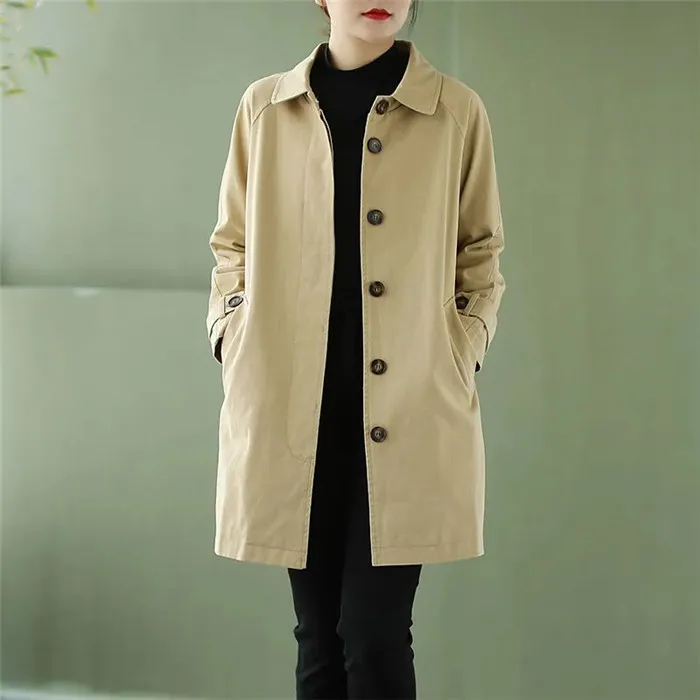 Washed Cotton Trench Coat Women's Spring Autumn Korean Loose Windbreaker Coat Casual Mid-Length Single-Breasted Khaki Outerwear bubble coat women