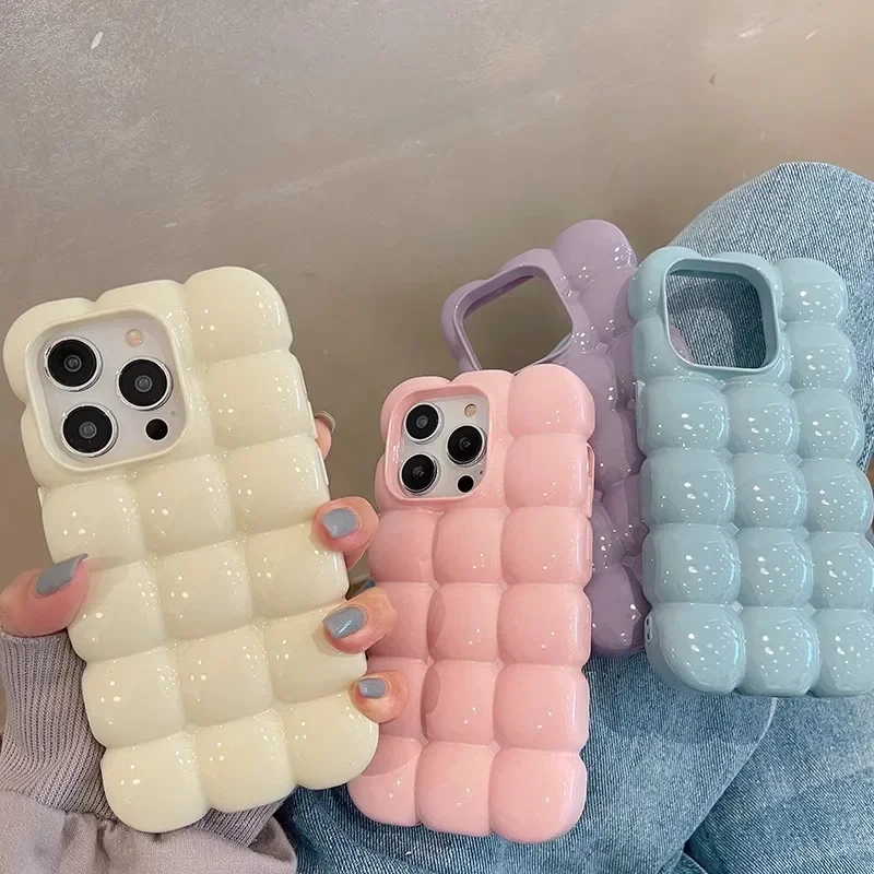 Cute Cartoon 3D Block Lattice Case for iPhone 15 14 13 16 Pro Max 12 11 Glossy Candy Solid Color Soft Silicone Shockproof Cover 6
