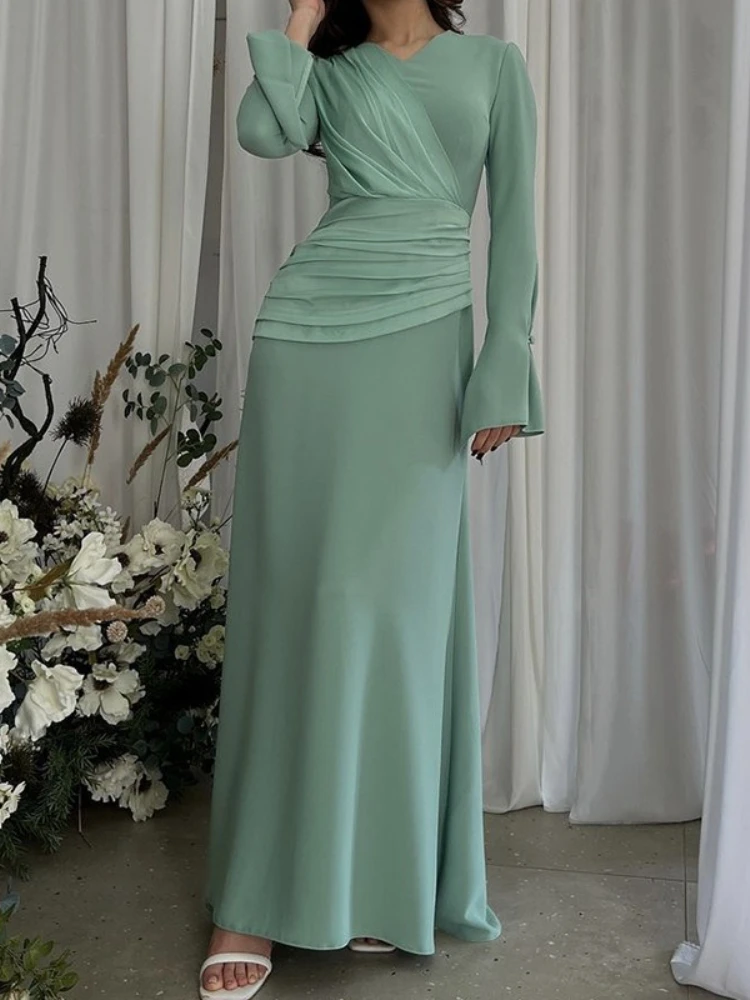 Vestidos maxi elegantes para mulheres com cintura drapeada e mangas compridas evasê, perfeitos para casamentos, eventos noturnos ou ocasiões formais