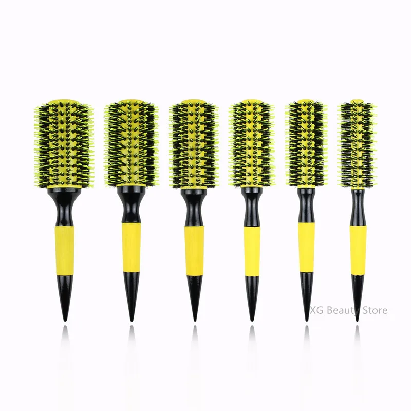 Professional 6pcs/set Yellow Boar Bristle Wooden Hair Comb Brush Nylon Round Hair Brush Salon Styling Tools Wholesale 2