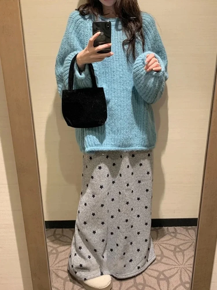 2025 Faldas Mujer De Moda Fashion Thicked Skirt Korean Long Skirts Women Elastic Waistband Bandage Jupe Star Print Casual Saia 3