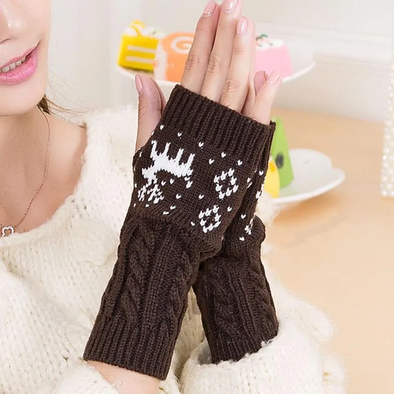 

Рождественские перчатки Elk, женские вязаные перчатки с открытыми пальцами, зимние теплые женские рукавицы из искусственной шерсти T76