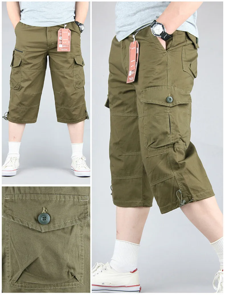 2024 Summer Men's Casual Cotton Cargo Shorts Long Length Multi Pocket Capri Pants Male Military Camouflage Short Size M-5XL