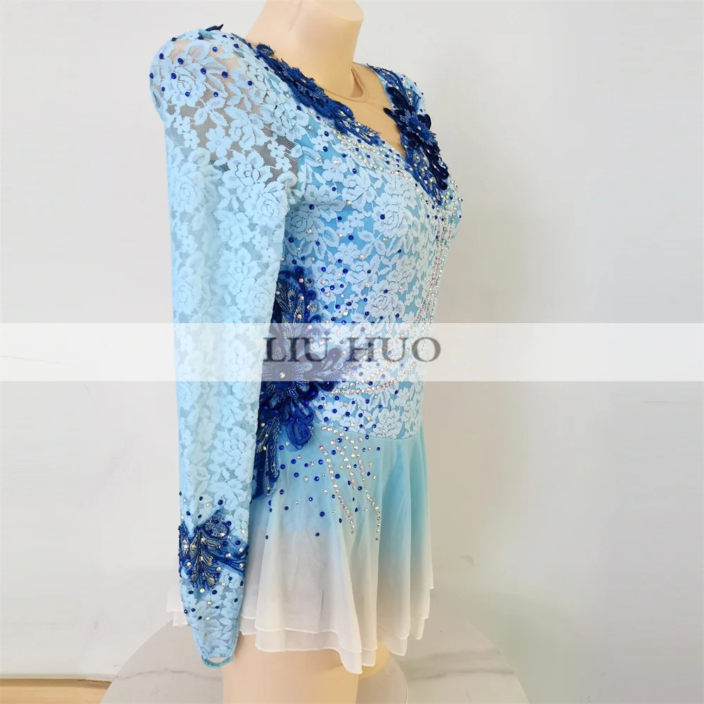 Children Costumes Ice Skating Costume Customize Kids Teens Roller Figure Skating Dress Women Girls Ice Performance Blue Competition Leotard