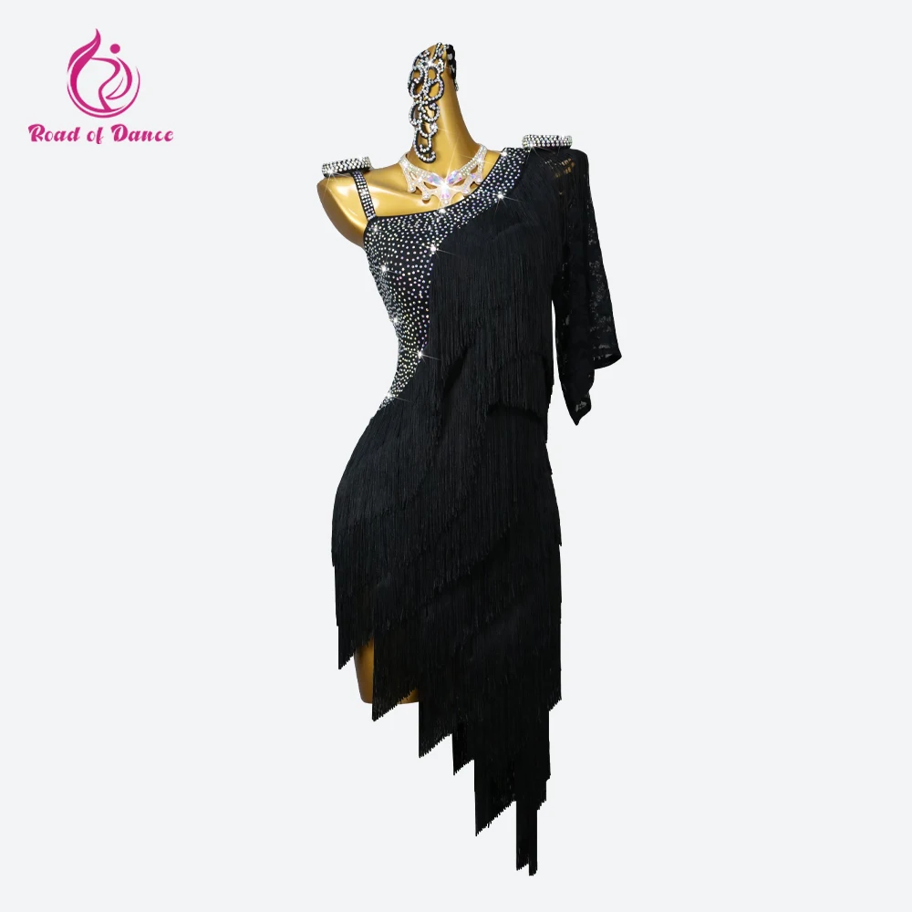 

Black Latin Dance Dress Women's Suit Fringed Skirt Line Clothes Girls Long Cabaret Wear Sport Ball Costume Dancewear Formal Prom