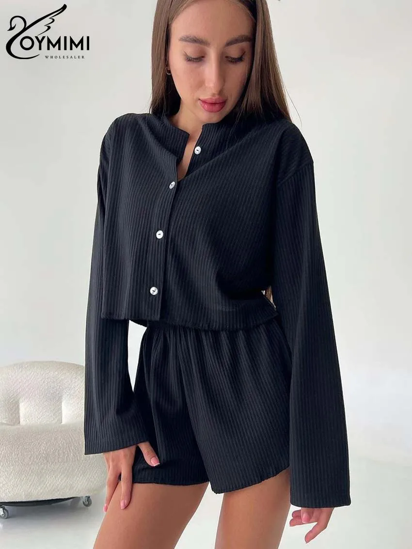 Oymimi Elegant Black Knitting 2 Piece Outfit Set Women Fashion O-Neck Long Sleeve Button Tops And Simple Shorts Sets Homewear women a line dress summer black print half sleeve v neck knee length knitting casual office dress elegant dresses moda mujer