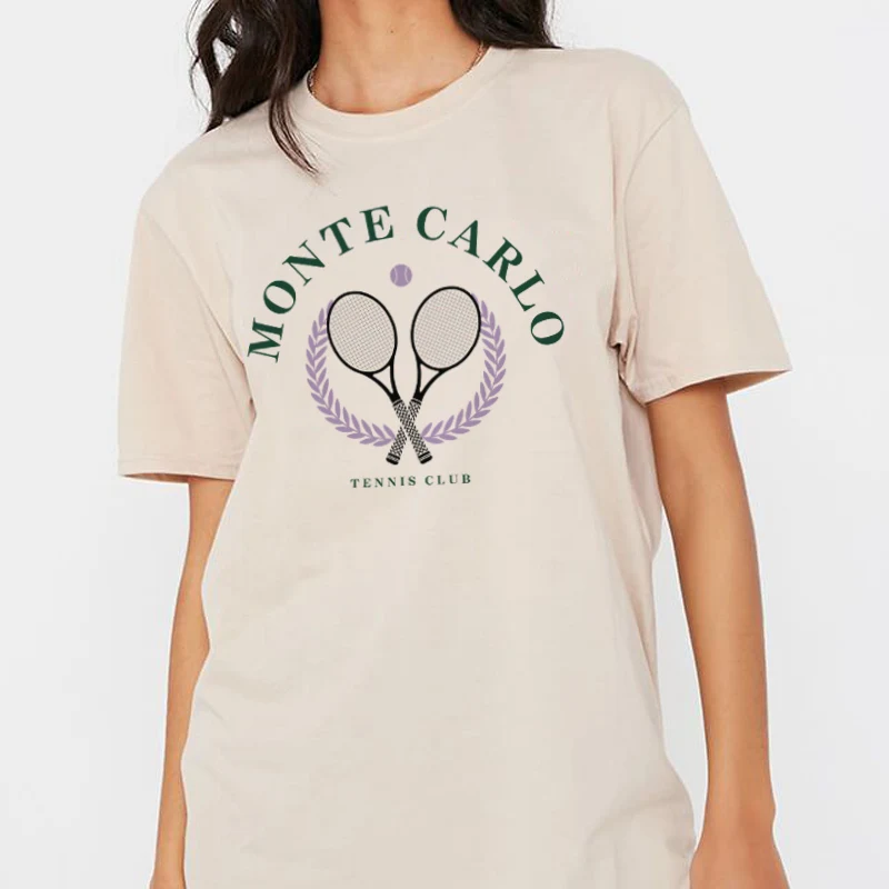 

kuakuayu HJN Summer Cotton T Shirt Monte Carlo Tennis Print Women's T-Shirt Aesthetic Vintage Shirt Streetwear Top Retro Clothes