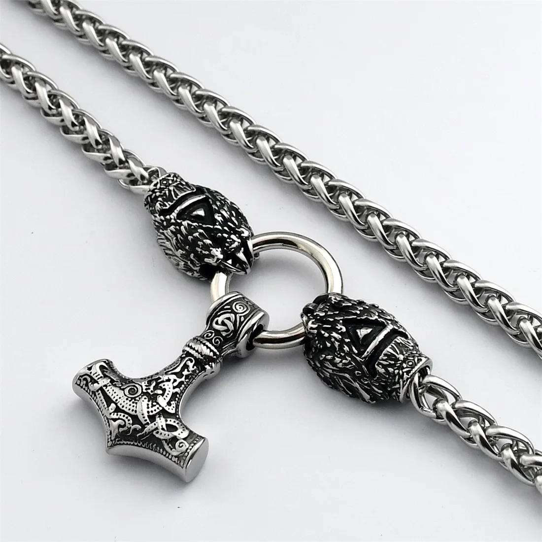 Viking Thor's Hammer Pendant Necklace Stainless Steel Bear Claw Chain Keel Chain Necklace Viking Jewelry