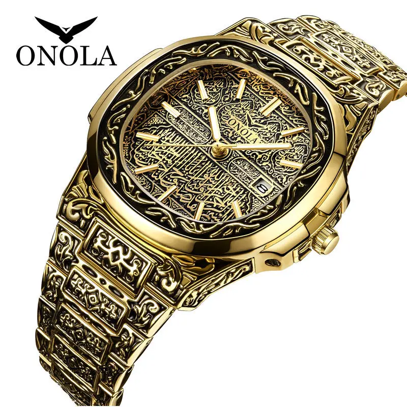 

ONOLA Luxury Men's Gold Watch Fashion Stainless Steel Automatic Date Waterproof Antique Quartz WristWatch Mans Reloj Hombre 2023