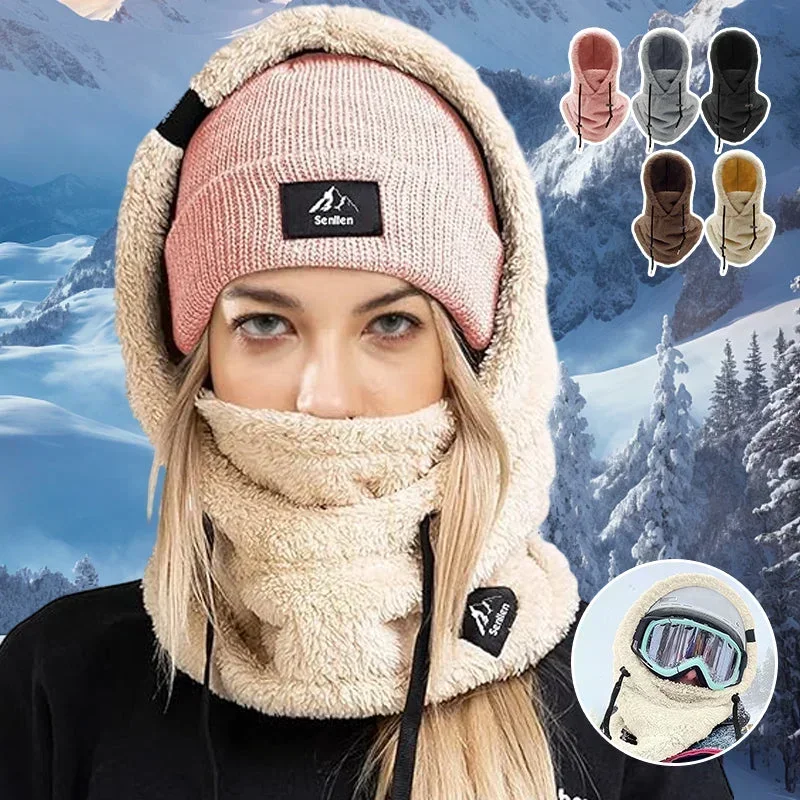 

Sherpa Hood Ski Mask Winter Cap Mask Set Hooded Knitted Cashmere Neck Warm Ski Windproof Hat Thick Plush Fluffy Beanies Hood