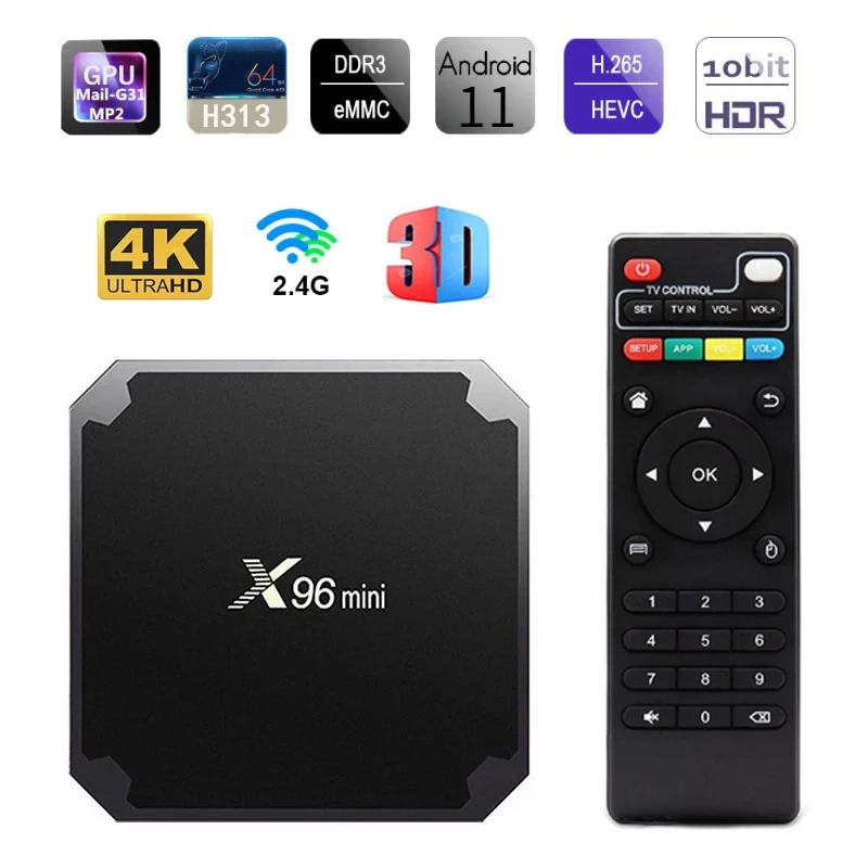 ТВ-приставка X96 Mini, 4G, Wi-Fi, Allwinner H313, 4 ядра, 2 + 64 ГБ, HDMI 2,0, 4K 3D, H.265