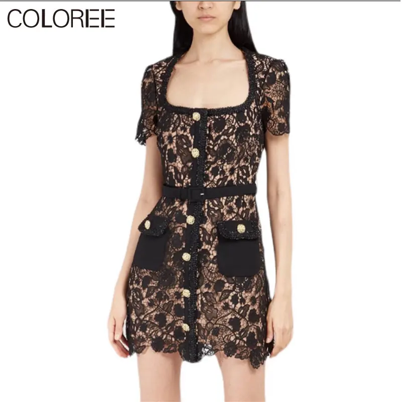 

Runway Designers Vestidos Para Mujer 2023 Sexy Elegant Gold Buttons Black Lace Hollow Out Summer Dress for Women