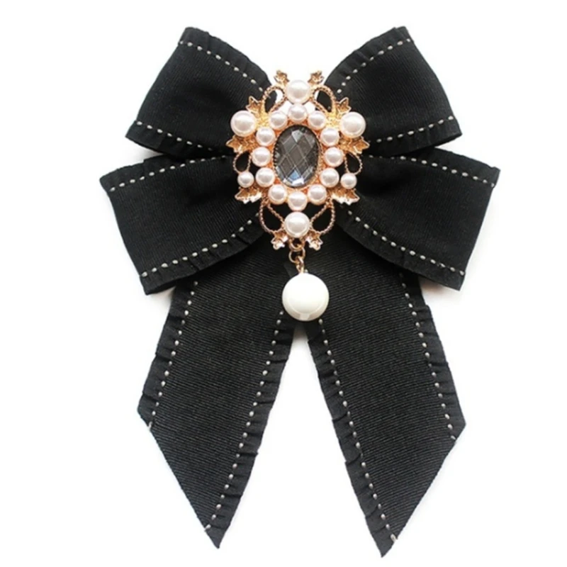Vintage Elegant Women's Pre-Tied Pearl Ribbon Brooch Bow Tie