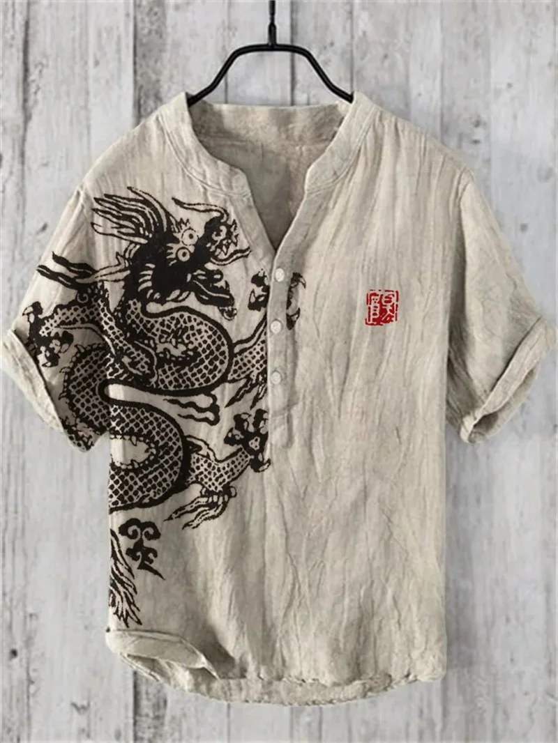Koi Art Printed Linen Blended V-neck Men's Fashion Shirt 4