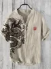 Koi Art Printed Linen Blended V-neck Men's Fashion Shirt 4