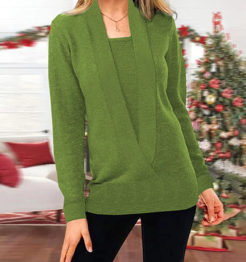 2024 new knitted pure color deep V-neck long-sleeved fake two-piece sweater women's jacket 2