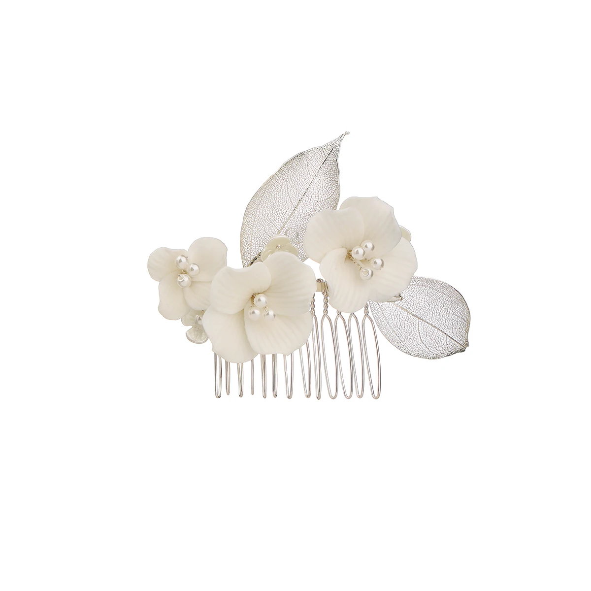 Porcelain Flower Bridal Hair Ornaments Silver Leaf Bridal Tiara Pearl Hair Ornaments For Ladies and Girls