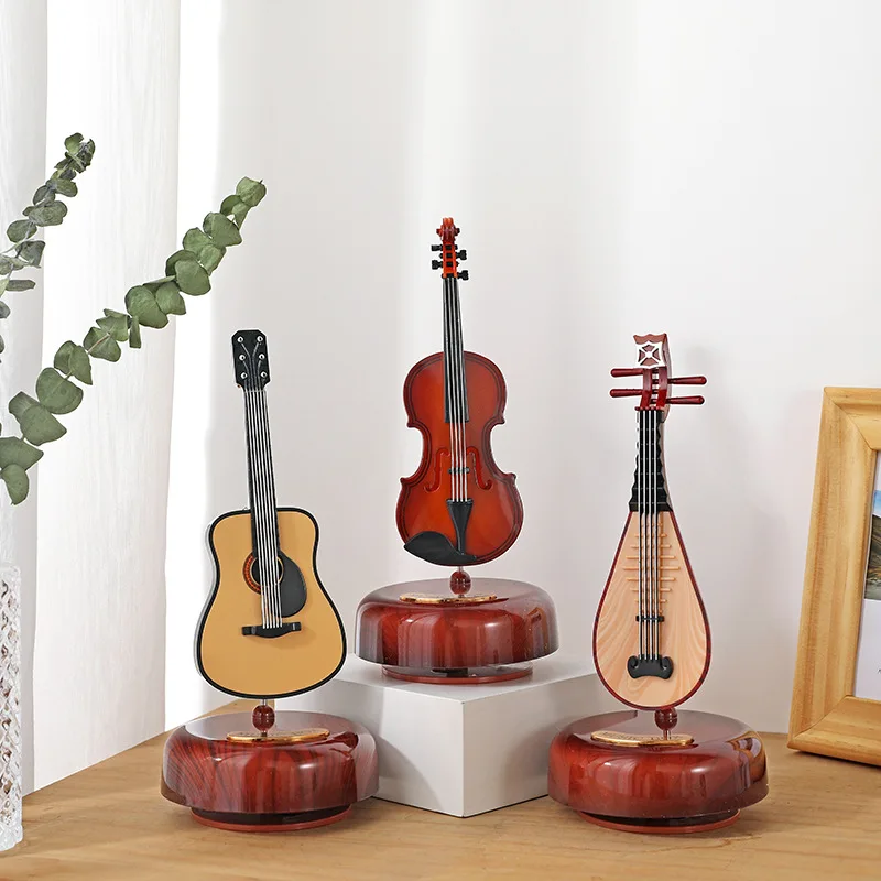 Creative Music Box Violin Guitar With Rotating Musical Base Classical Music Box Mini Replica Instrument Crafts Great Gift