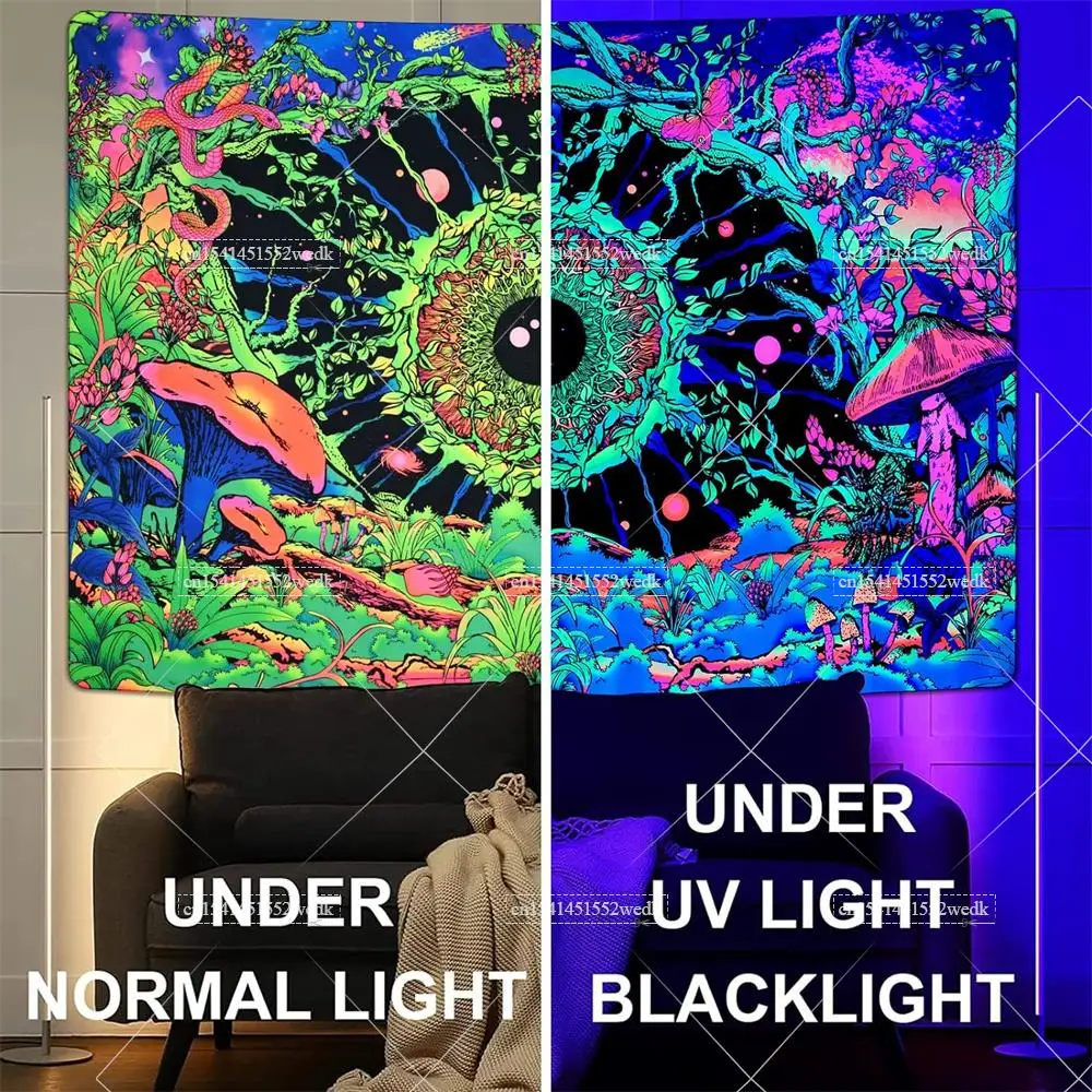 Blacklight Mushroom Tapestry UV Reactive Hippie Eye Butterfly Snake Neon Tapestrys Floral Plants Black Light Wall Tapestry
